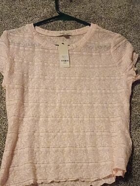 Francesca's Collections Pink Lace Eyelet Short Sleeve Top